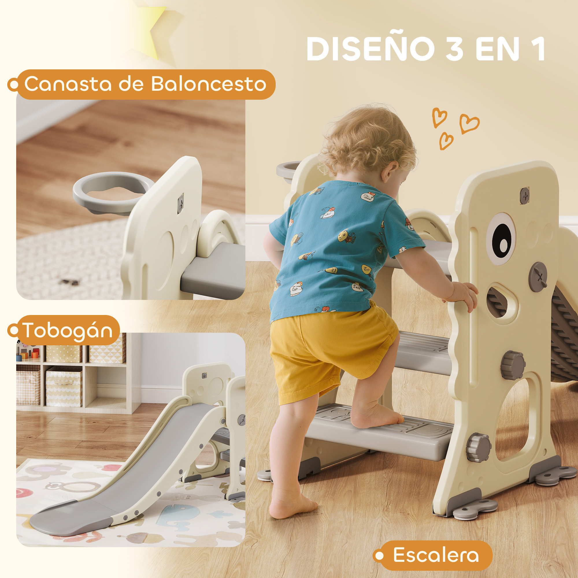 Tobogán Infantil 3 en 1 Tobogán para Niños de 2 a 5 Años Plegable con Escalera Canasta de Baloncesto Diseño de Dinosaurio y Hebillas Reforzadas para Interior 146x52x65 cm Blanco Crema