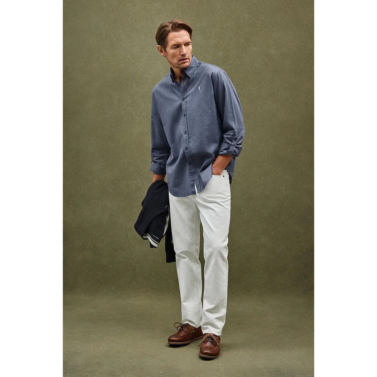 Camicia cotolino blu denim regular fit con logo Rigby Go