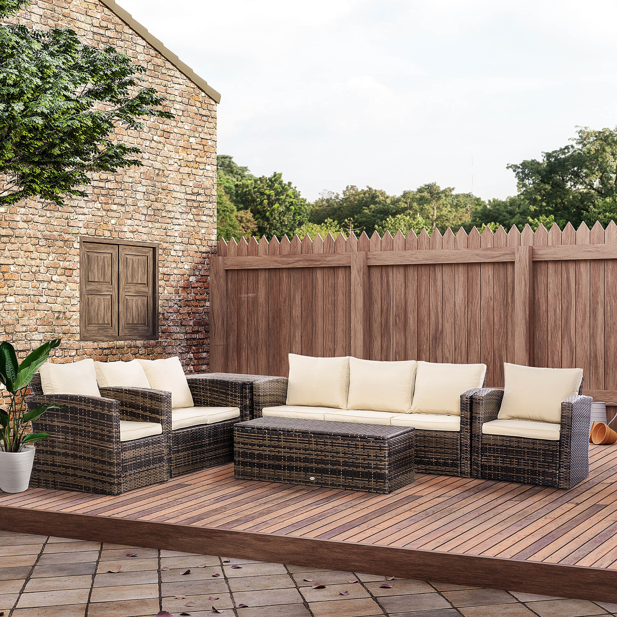 Conjunto de Jardín Exterior de Ratán, Conjunto Terraza, Muebles Jardín Exterior 6 Piezas Incluye Cojines, Sofá Doble, Sofá 3 Plazas, 2 Sillones, 2 Mesas Auxiliares con Almacenamiento, Caqui