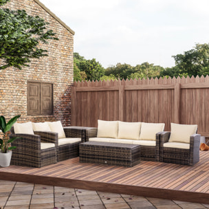 Conjunto de Jardín Exterior de Ratán, Conjunto Terraza, Muebles Jardín Exterior 6 Piezas Incluye Cojines, Sofá Doble, Sofá 3 Plazas, 2 Sillones, 2 Mesas Auxiliares con Almacenamiento, Caqui