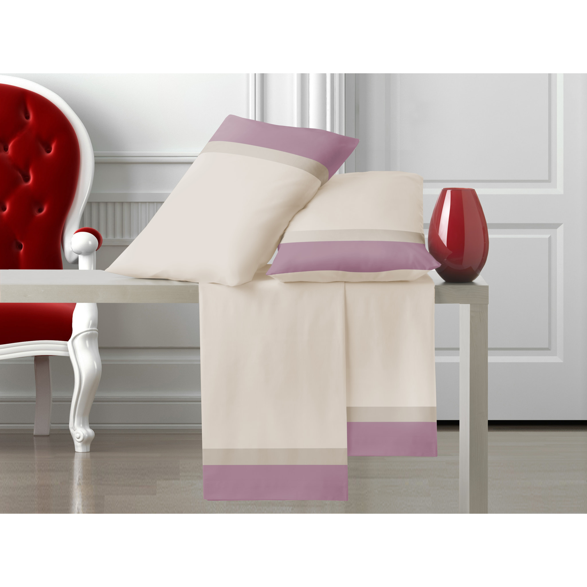 Completo letto doppia balza RASO IPERSAN Puro Cotone Malva/Panna fondo Panna