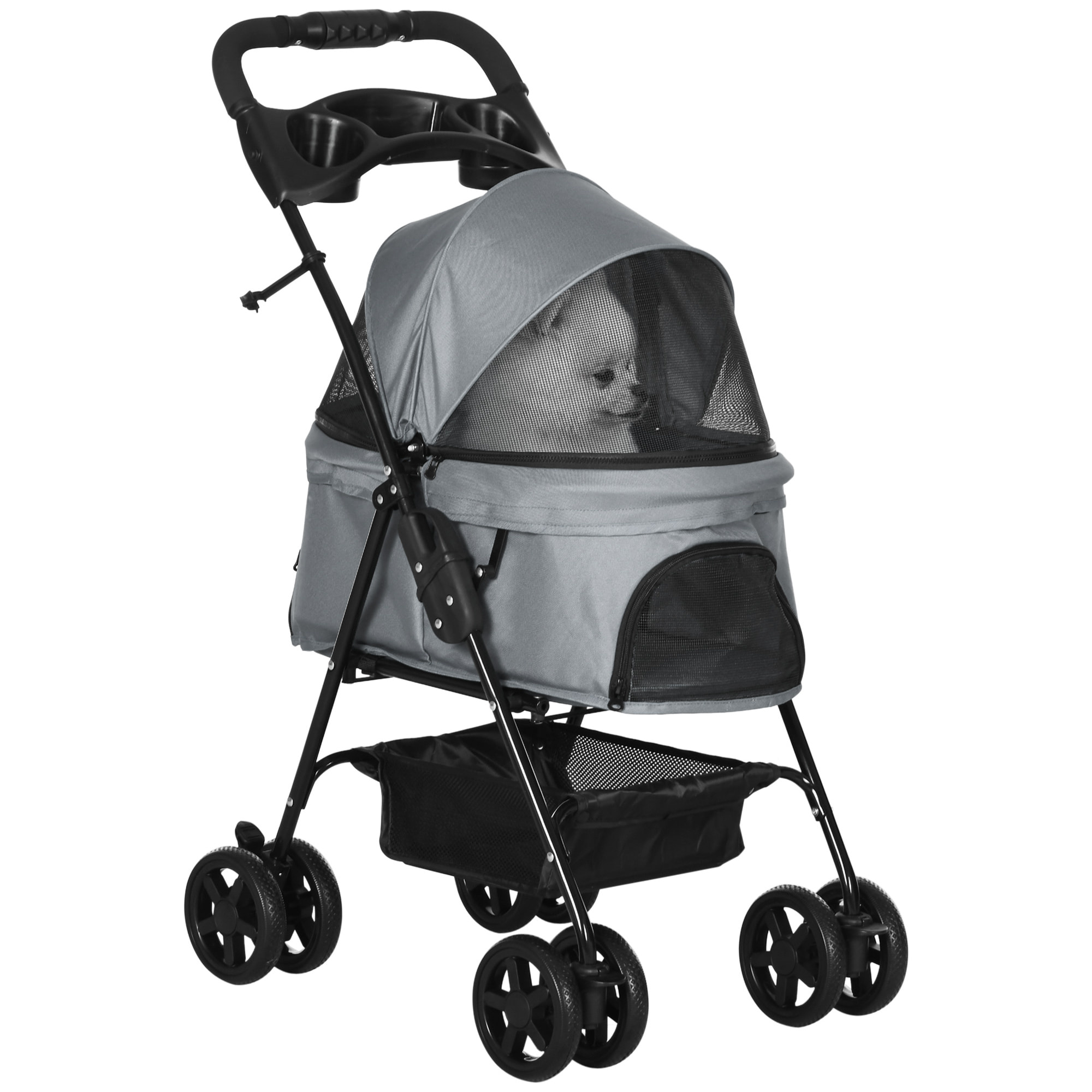 Cochecito para Mascotas Plegable Carrito para Perros Desmontable Acero Tela Oxford Ruedas Giratorias Frenos Ventana para Perros Gatos Pequeñitos 67x45x96 cm Gris