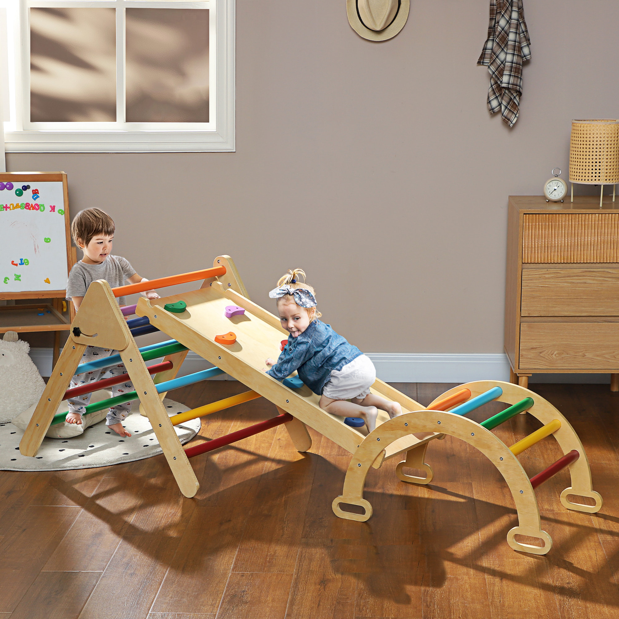 5 en 1 Triángulo de Escalada Montessori con Arco y Rampa, Escalada para Niños de Madera Plegable, para 18-48 Meses, para Deslizarse o Escalar, 178x64,5 cm, Multicolor
