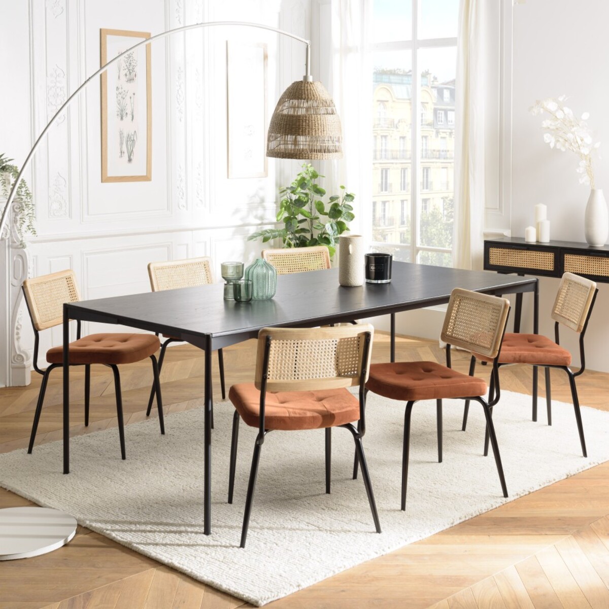 AGATHE- Lot de 2 chaises métal noir assise velours orange dossier rotin