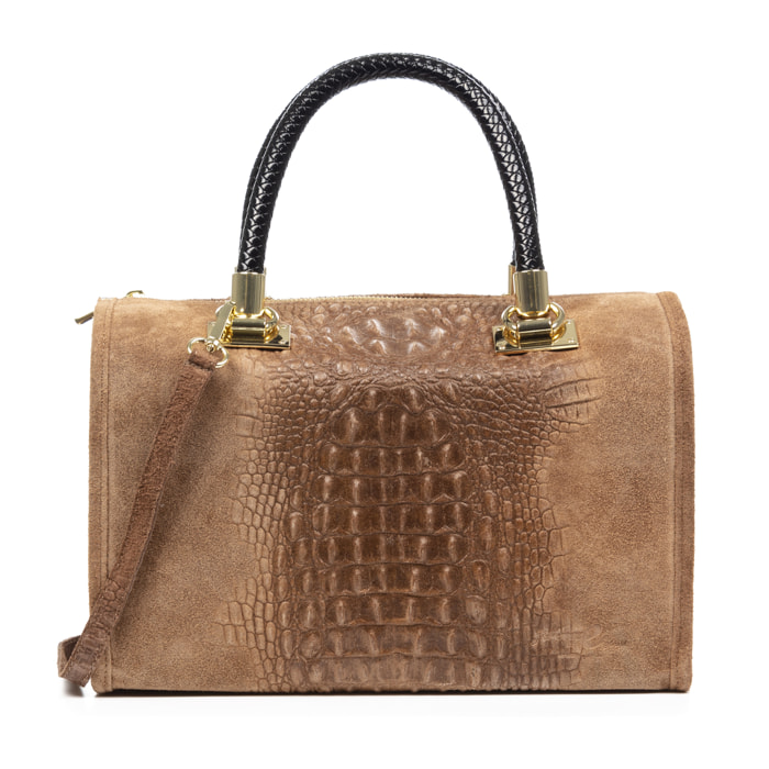 FIRENZE ARTEGIANI Anacapri Borsa tote da donna. Incisione di coccodrillo in vera pelle scamosciata. Prodotto in Italia 30x15x22 Cm. Colore: Tortora