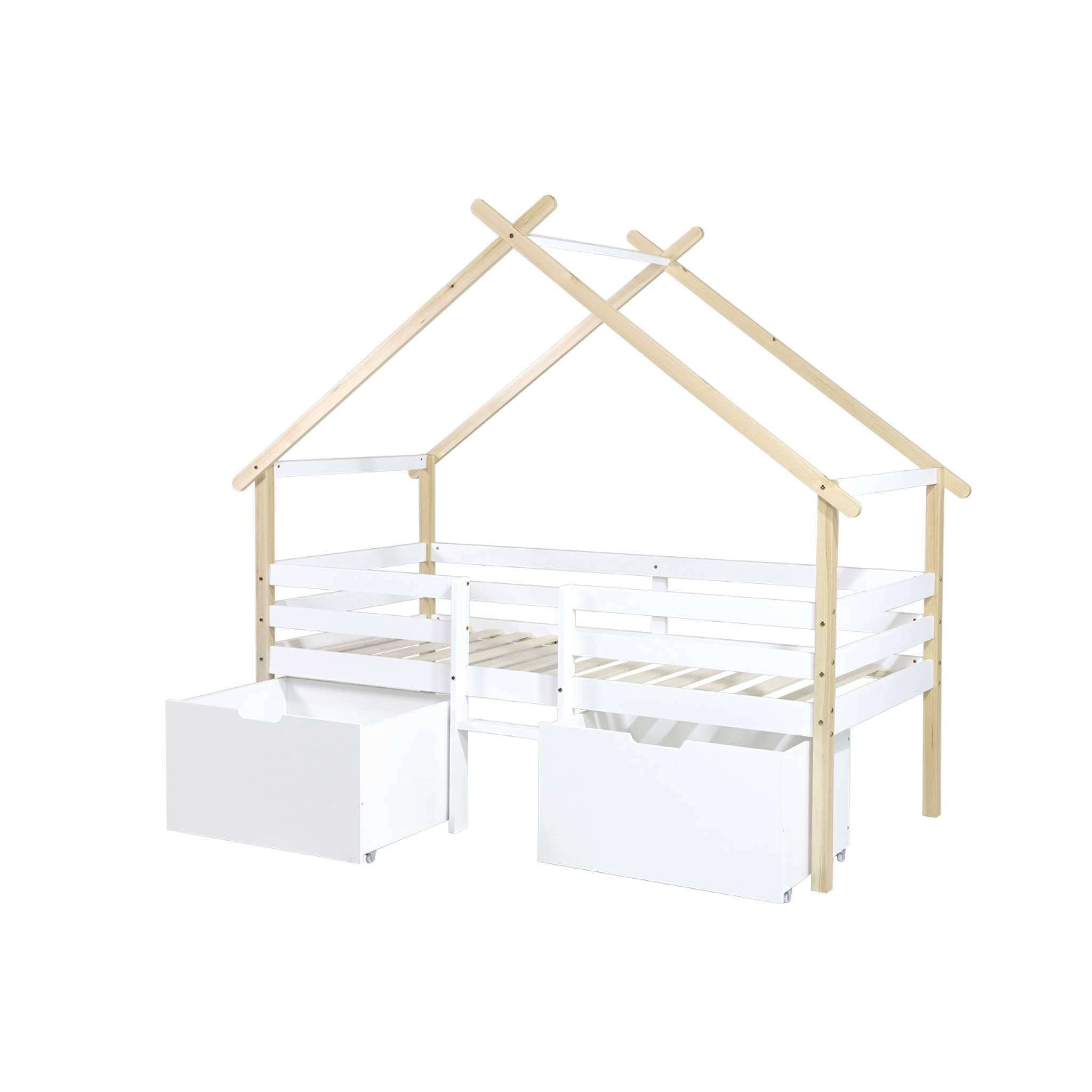 Lit cabane enfant 90 x 190 cm bois de pin sommier à lattes inclus et 2 tiroirs SIENNA