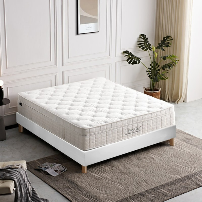 Ensemble Matelas Améthyste avec son sommier Cancun en similicuir blanc