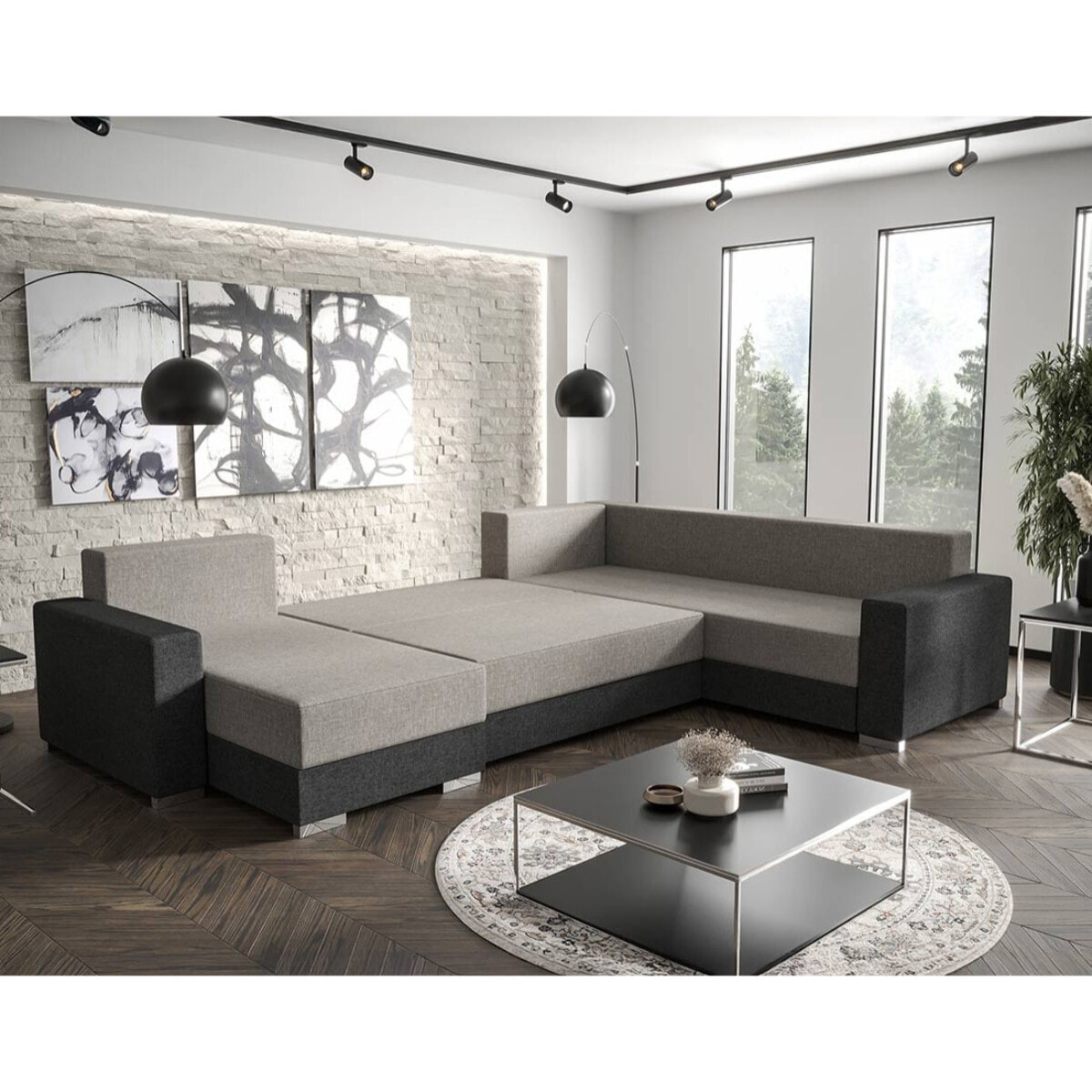 Epona - Canapé panoramique d'angle réversible 7 places convertible avec coffre en tissu - Gris
