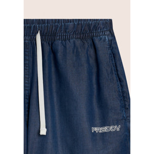 Pantaloni Corti in Chambray con Coulisse in Contrasto