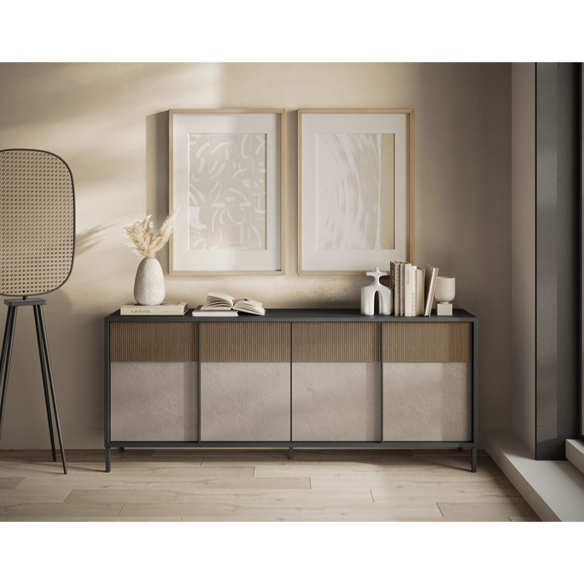 Jules - buffet bas - 4 portes - 206 cm - Gris / Bois