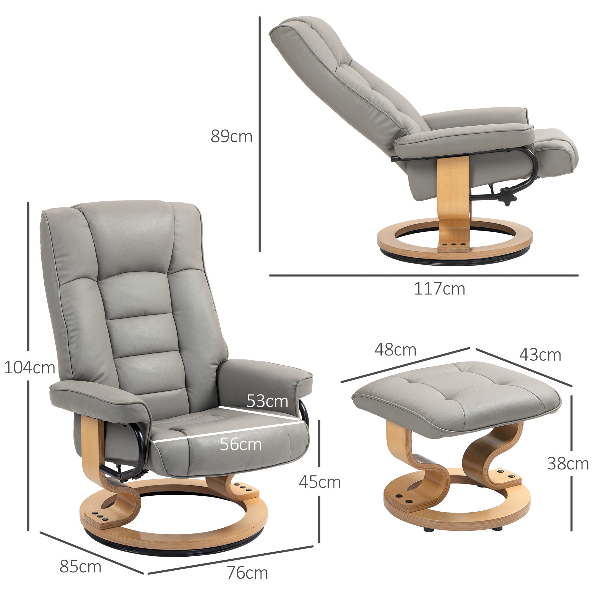 Fauteuil relax inclinable pivotant réglable avec repose-pied bois revêtement synthétique gris