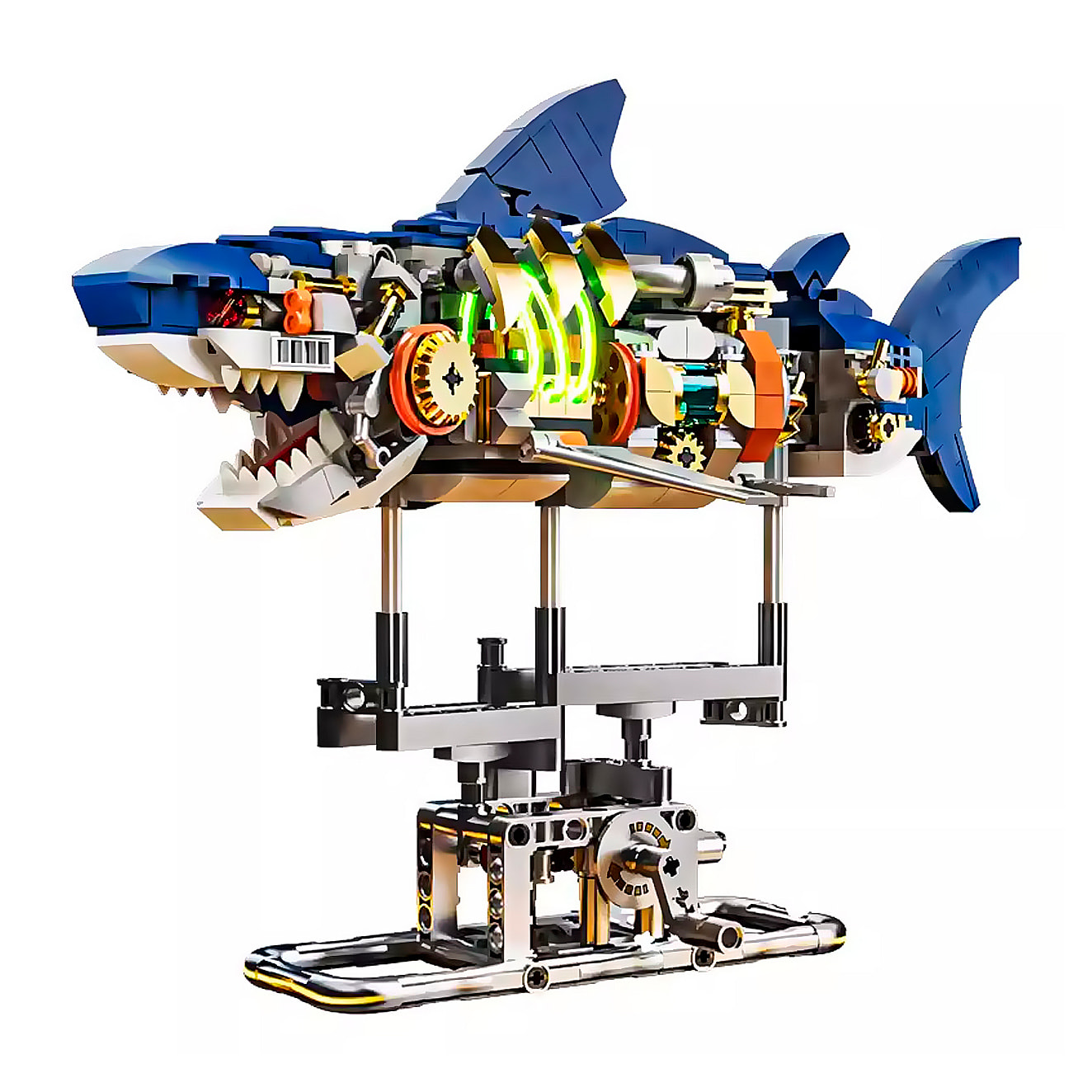 Maqueta 3D mecanizada de tiburón con 687 piezas, equipada con luces integradas y mecanismo de manivela que permite movimiento dinámico.