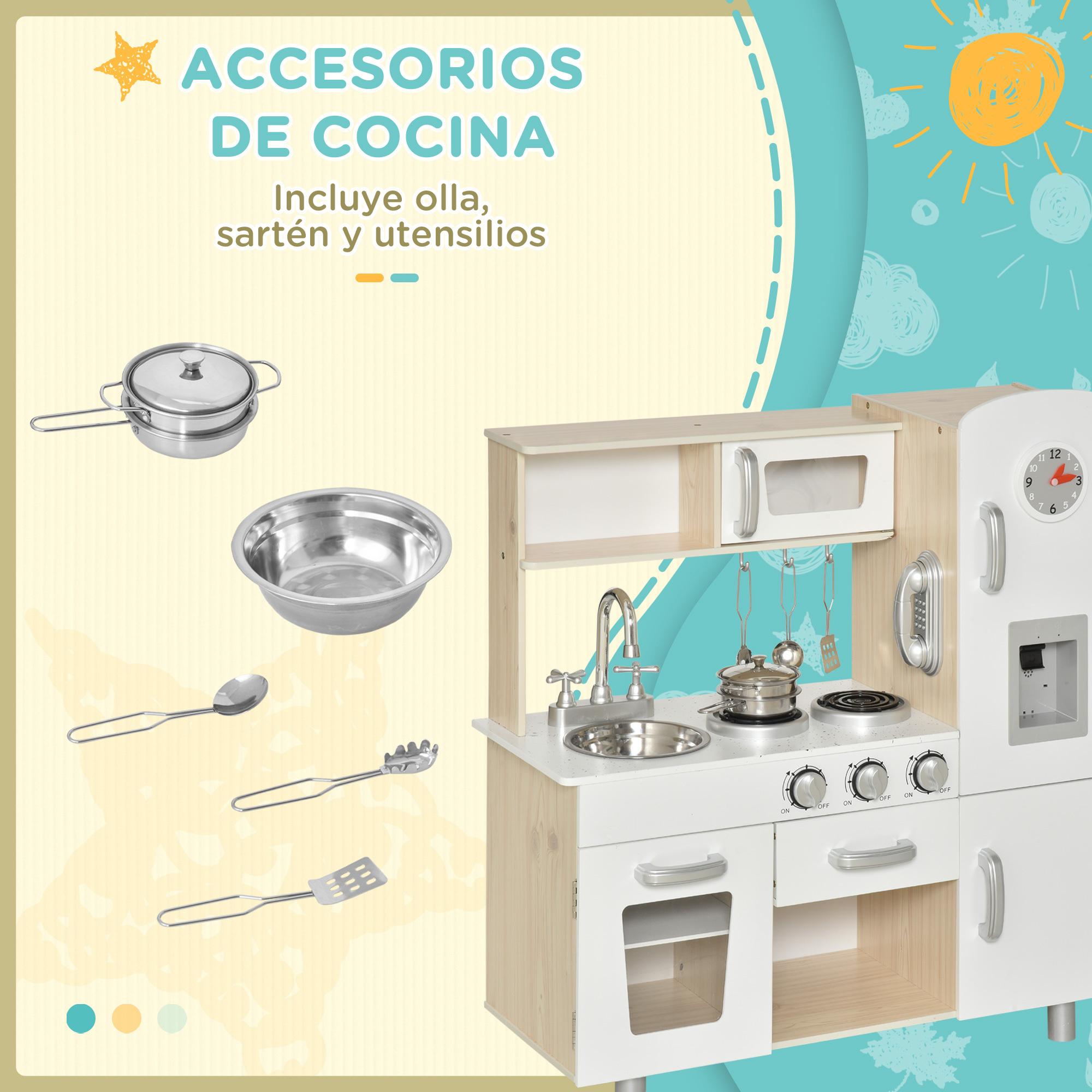 Cocina de Juguete de Madera con Fregadero Cocina de Inducción y Microondas Simulados con Accesorios Incluidos Cocina Infantil para +3 Años 74x30x81 cm Blanco