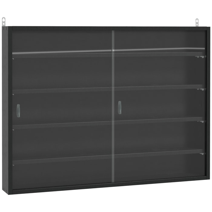 Vitrina de Pared Vitrina de Madera con Estantes Ajustables y 2 Puertas Correderas de Vidrio para Colecciones Perfumes Figuras de Decoración 80x9,5x60 cm Negro