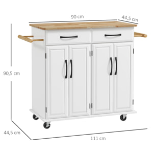 Isla de Cocina Carrito de Cocina Mueble Auxiliar de Comedor con Ruedas 4 Puertas 2 Cajones Toalleros y Estantes Ajustables 111x44,5x90,5 cm Blanco y Roble