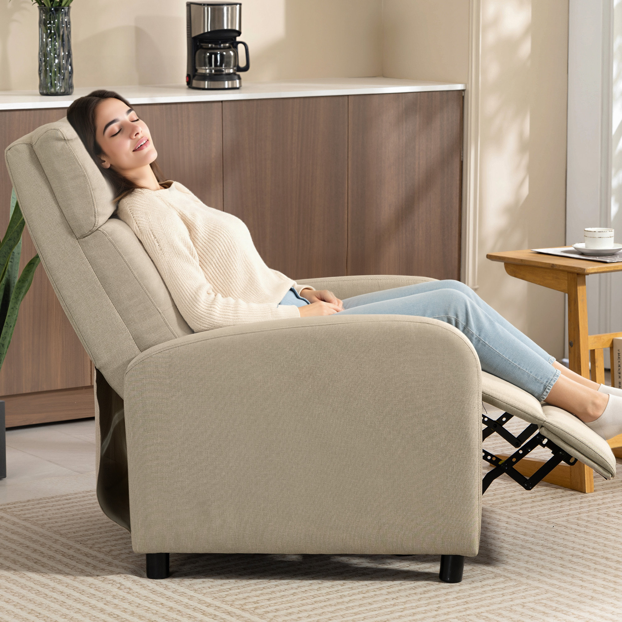 Sillón Relax Reclinable Manual, Sillón Relax de Lino con Apertura Push, Reposapiés, Respaldo Alto, Acolchado Grueso, Butaca Reclinable hasta 155Âº para Salón, Dormitorio, Oficina, Beige