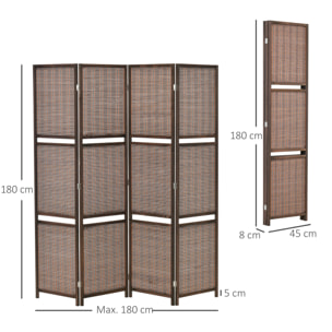 Biombo de 4 Piezas de Bambú Separador de Ambientes Plegable con 2 Estantes Extraíbles Divisor de Habitaciones Dormitorio 180x180 cm Marrón