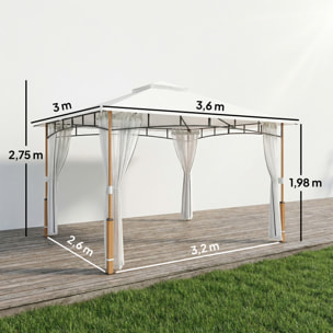 para Jardín 3x3,6 m, Pabellón de Jardín Gazebo con Doble Techo, Paredes de Malla, UPF50+, Estructura de Metal, Carpa para Exterior, Terraza, Patio, Crema y Teca