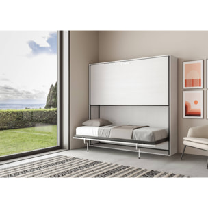 Armoire Lit escamotable horizontal superposé 2 couchages 85 KANDO Frêne Blanc avec matelas