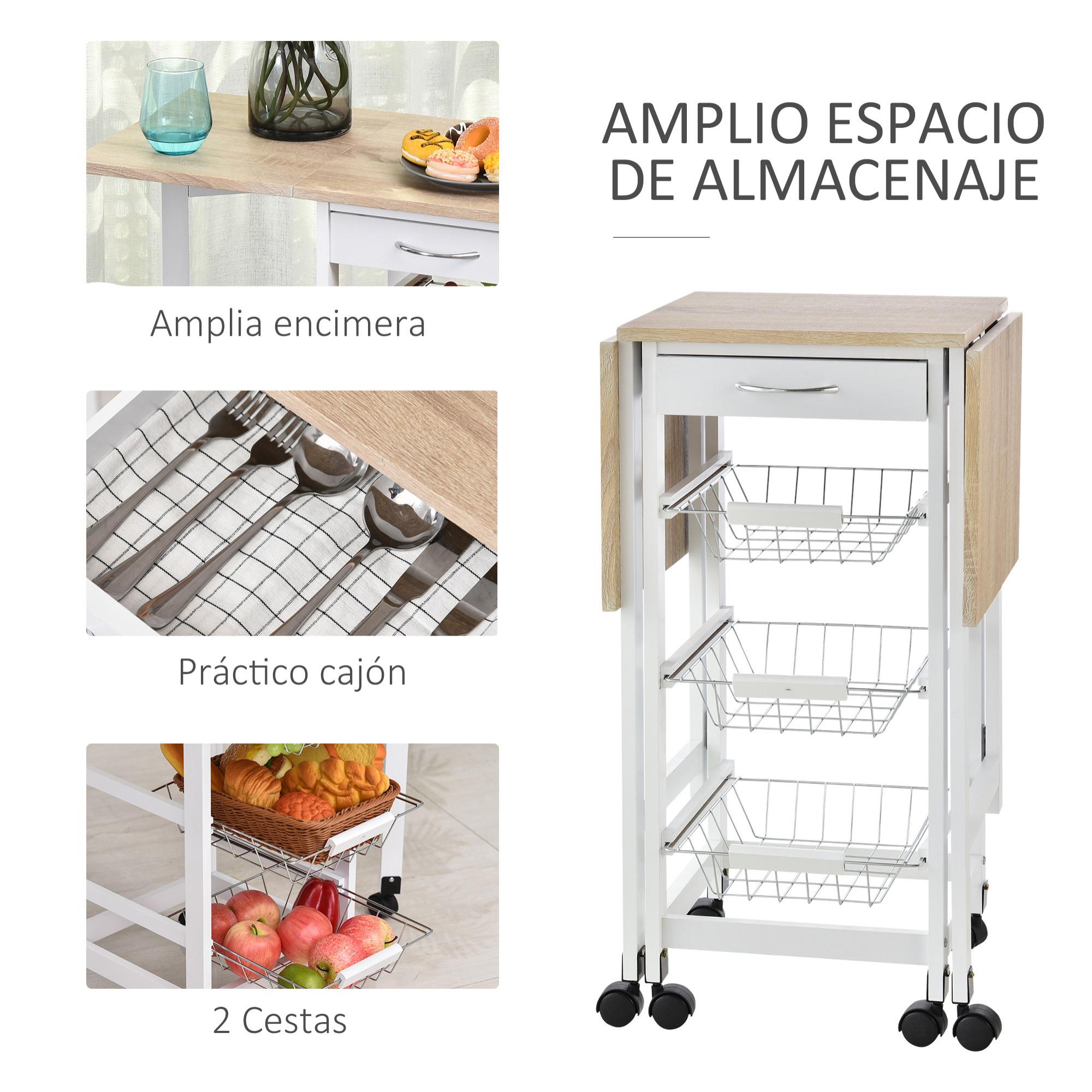 Carrito de Cocina Plegable Carrito Auxiliar con 6 Ruedas 1 Cajón y 3 Cesta de Metal Carro de Servicio Multifuncional para Almacenamiento Carga 50 kg 97,2x37x77,5 cm Blanco y Roble