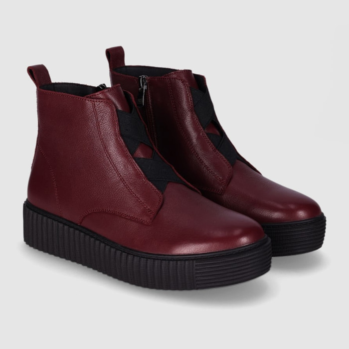 Botines de Piel - Burdeos - Tacón: Bajo