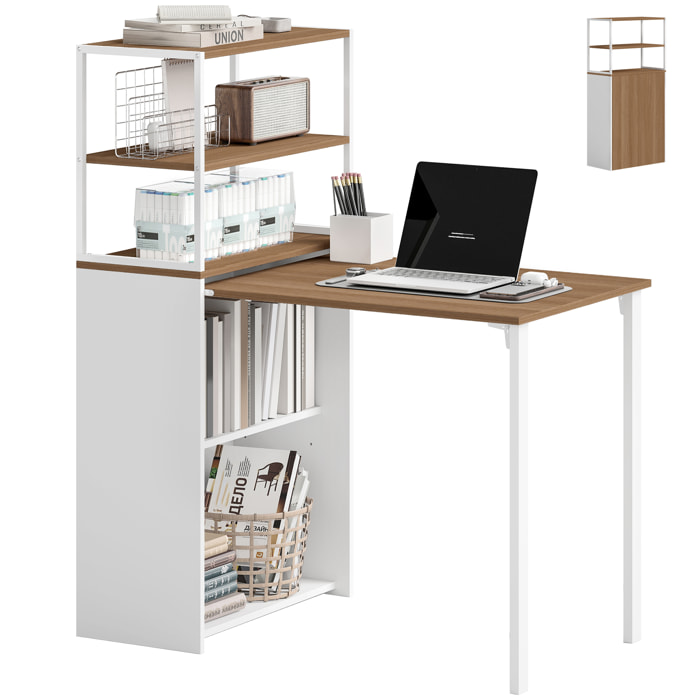 Escritorio Plegable con Estantería, Mesa de Escritorio con 4 Estantes, Mesa de Ordenador para Espacios Pequeños, Estudio, Oficina en Casa, 105x60x127 cm, Natural
