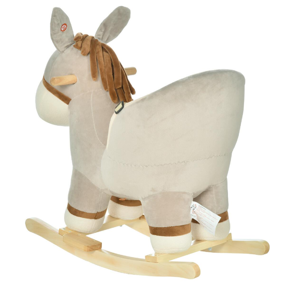 Cheval à bascule modèle âne fonction musicale selle grand confort peluche courte douce bois peuplier gris dim. 61L x 34l x 58H cm