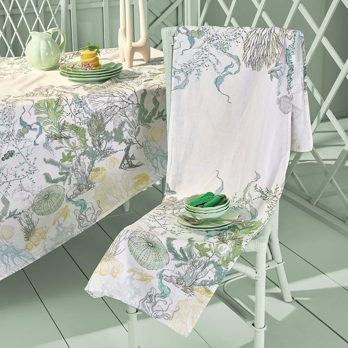 Chemin de table lin & coton lavé 150 g/m² imprimé blanc bleu vert Balade marine verde