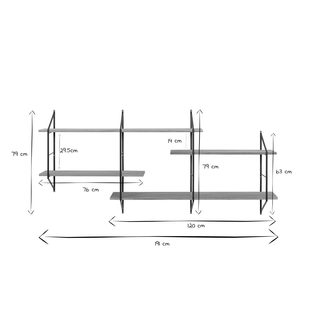 Etagère murale XL modulable en bois clair et métal noir L191 cm BRIDGE