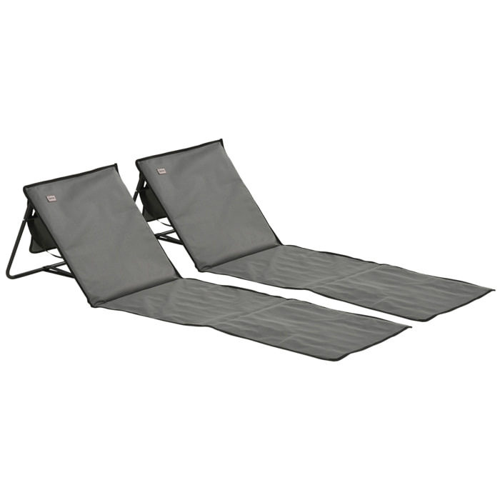 Conjunto de 2 Esterillas de Playa Plegable Esteras Acolchadas con Respaldo Reclinable y Bolsa de Transporte para Jardín Camping 142x51x40 cm Gris