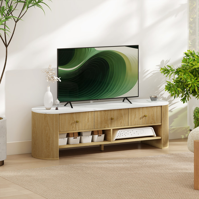 Meuble TV design ovale effet marbre blanc 140 x 40 x 43 cm 3 tiroirs 2 niches aspect bois clair