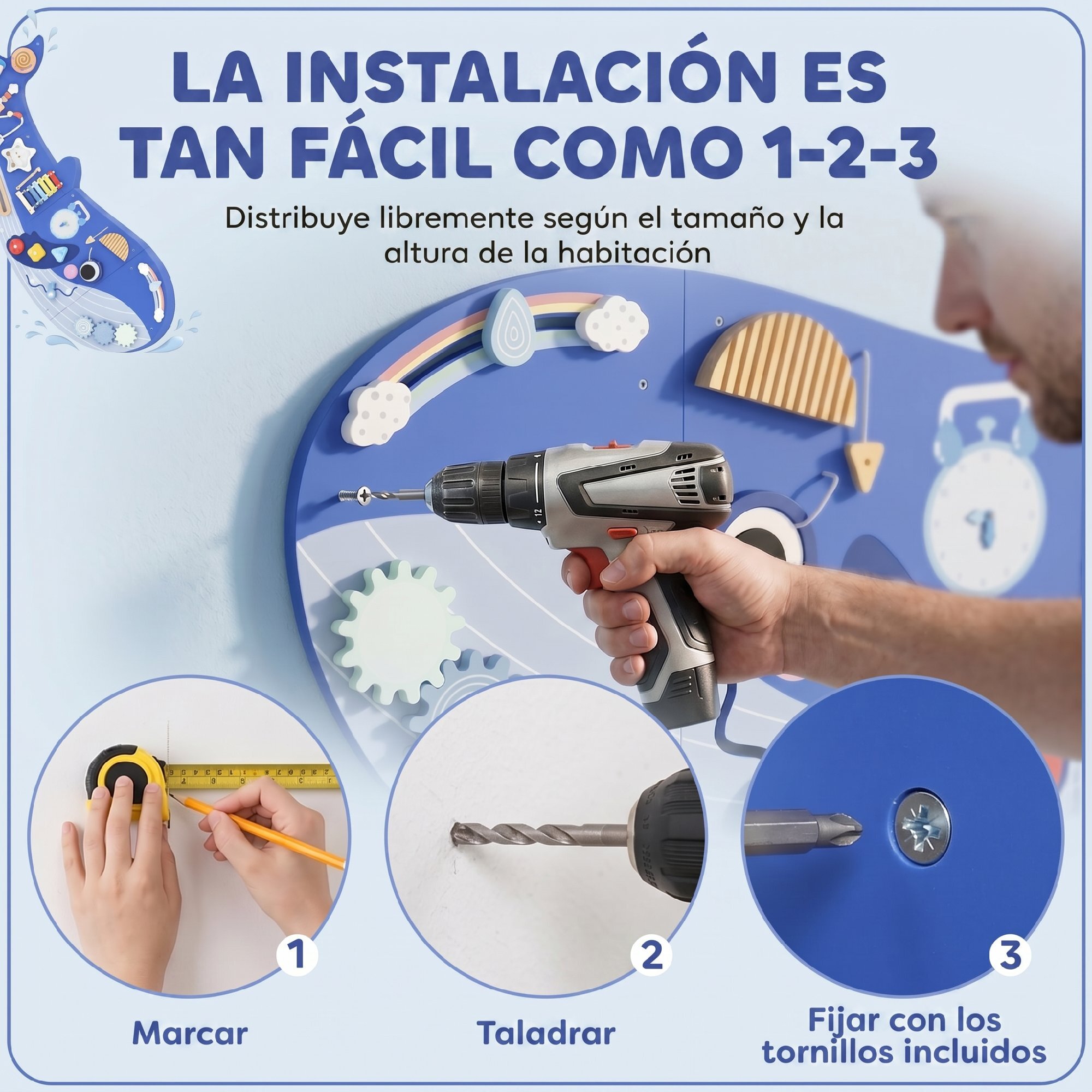 Tablero Sensorial Montessori, Tema Ballena, Busy Board, Panel Sensorial Montessori 13 en 1 de Pared, Juguetes de Aprendizaje para Niños y Niñas +2 Años, Azul