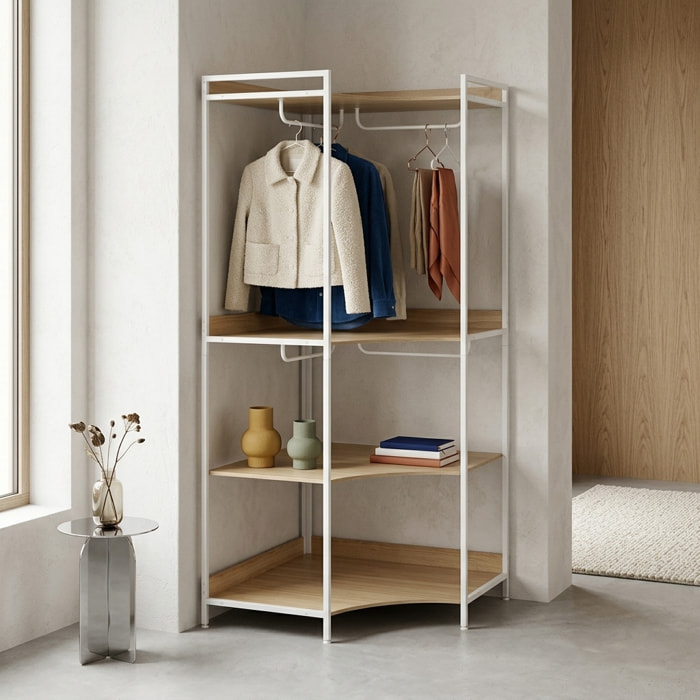 Module dressing d'angle décor bois et métal 4 penderies 2 étagères CLEVER