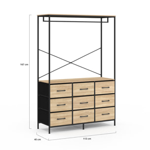 Dressing Iris penderie et 9 tiroirs bois et noir