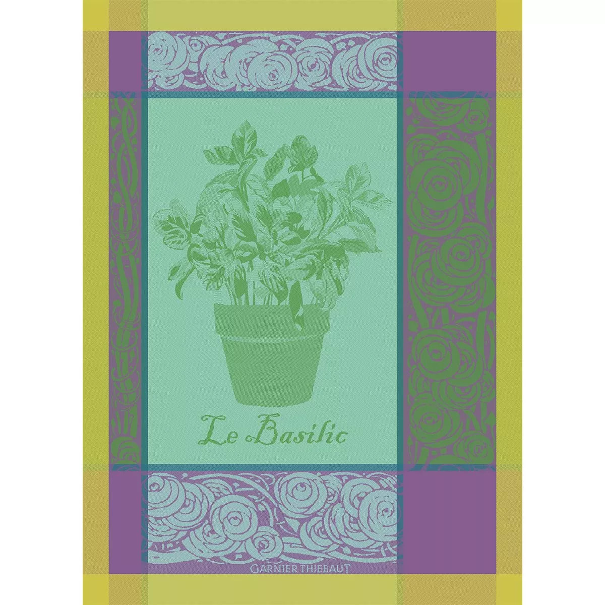 Torchon pur coton motif jacquard vert violet Basilic purple