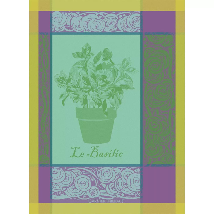 Torchon pur coton motif jacquard vert violet Basilic purple