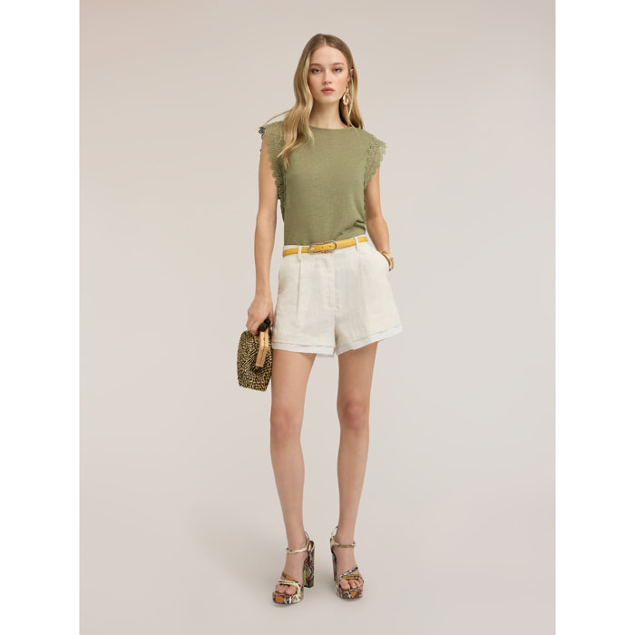 Motivi - T-shirt in misto lino con inserti in pizzo - Verde militare