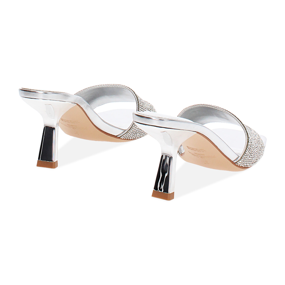 Mules open toe donna argento in laminato e pietre, tacco 7,5 cm