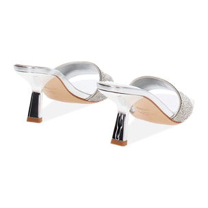 Mules open toe donna argento in laminato e pietre, tacco 7,5 cm