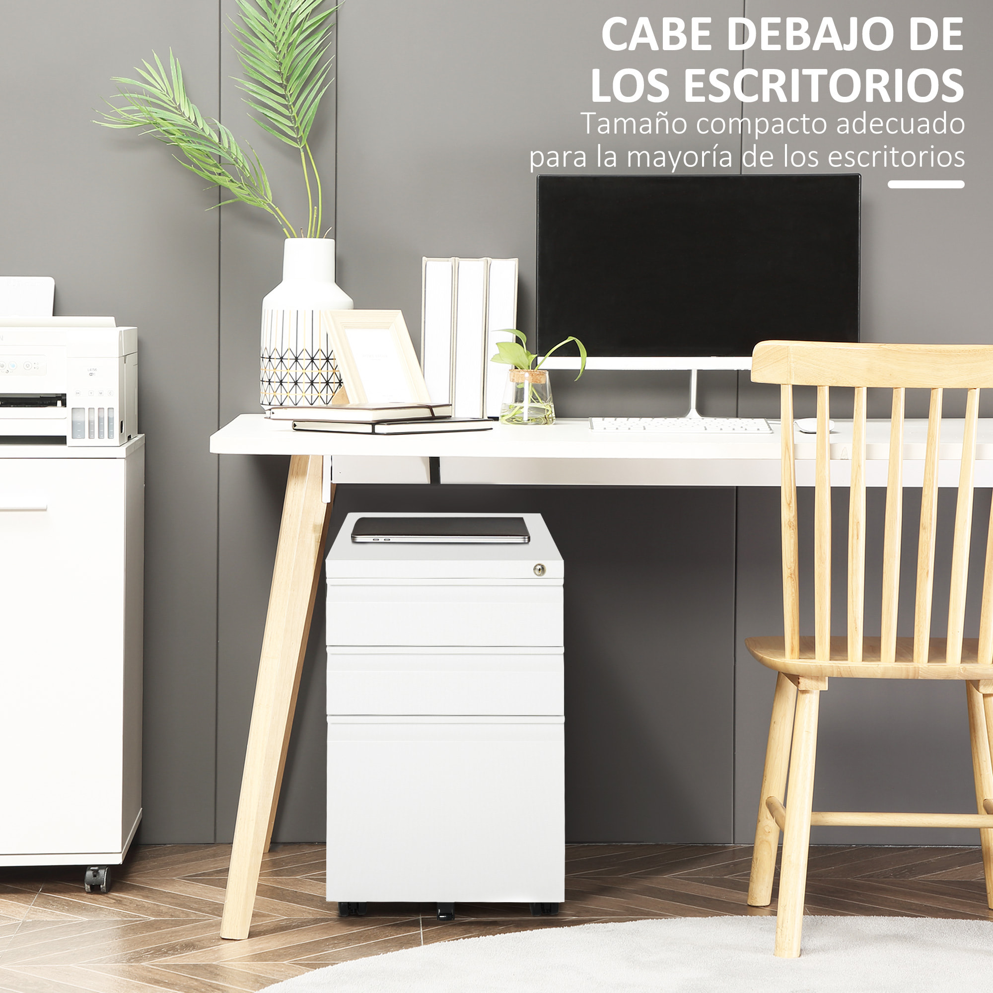 Cajonera de Oficina Mueble Archivador de Acero con 4 Ruedas 3 Cajones Cerradura y 2 Llaves para Tamaño A4 Carta para Estudio Salón 39x48x60 cm Blanco