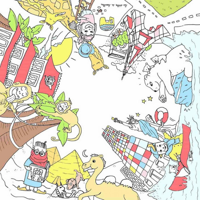 Table enfant à colorier Le voyage formidable – Coloritable Les drôles de bouilles. Made in Europe. effaçable. 60x60cm. pieds ronds en bois. feutres fournis