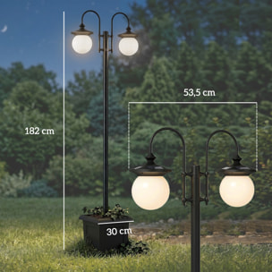 Farola Solar Exterior de Jardín con Macetero 2 Cabezales Impermeable IP44 Encendido/Apagado Automático y Altura Ajustable Luz Solar de Exterior LED para Terraza Patio 53,5x30x182 cm Negro