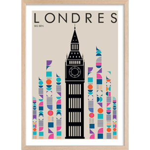 Affiche london big ben retro Affiche + cadre en bois - Chêne