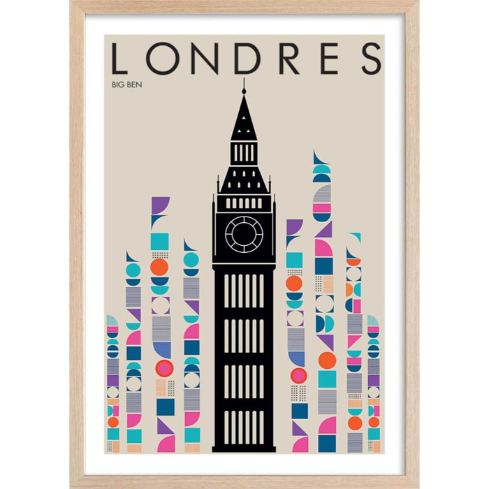Affiche london big ben retro Affiche + cadre en bois - Chêne
