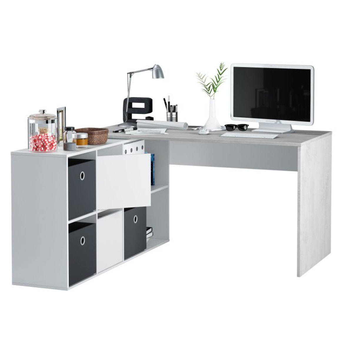 Mesa de escritorio multiposición en blanco mate y gris cemento 136x139 cm Adapta XL Blanco Artik (Blanco Mate) - Gris Cemento