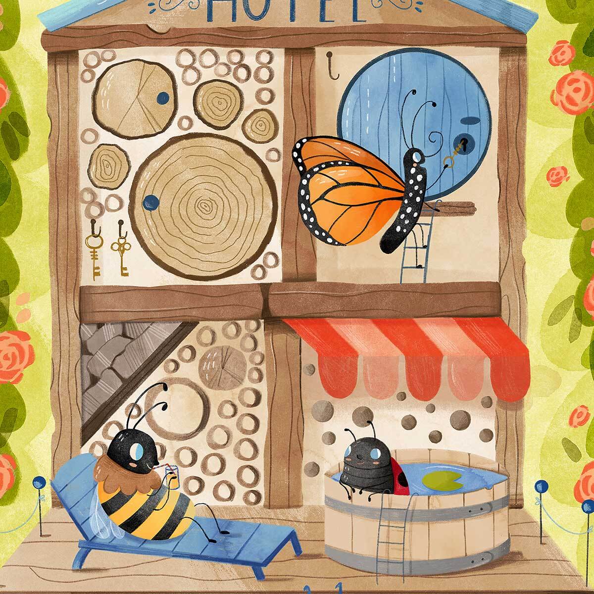 Affiche enfant hôtel pour insectes  Affiche sous cadre noir