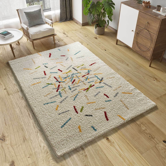 BREMEN Alfombra shaggy geométrica en blanco y motivos multicolor, varias medidas disponibles