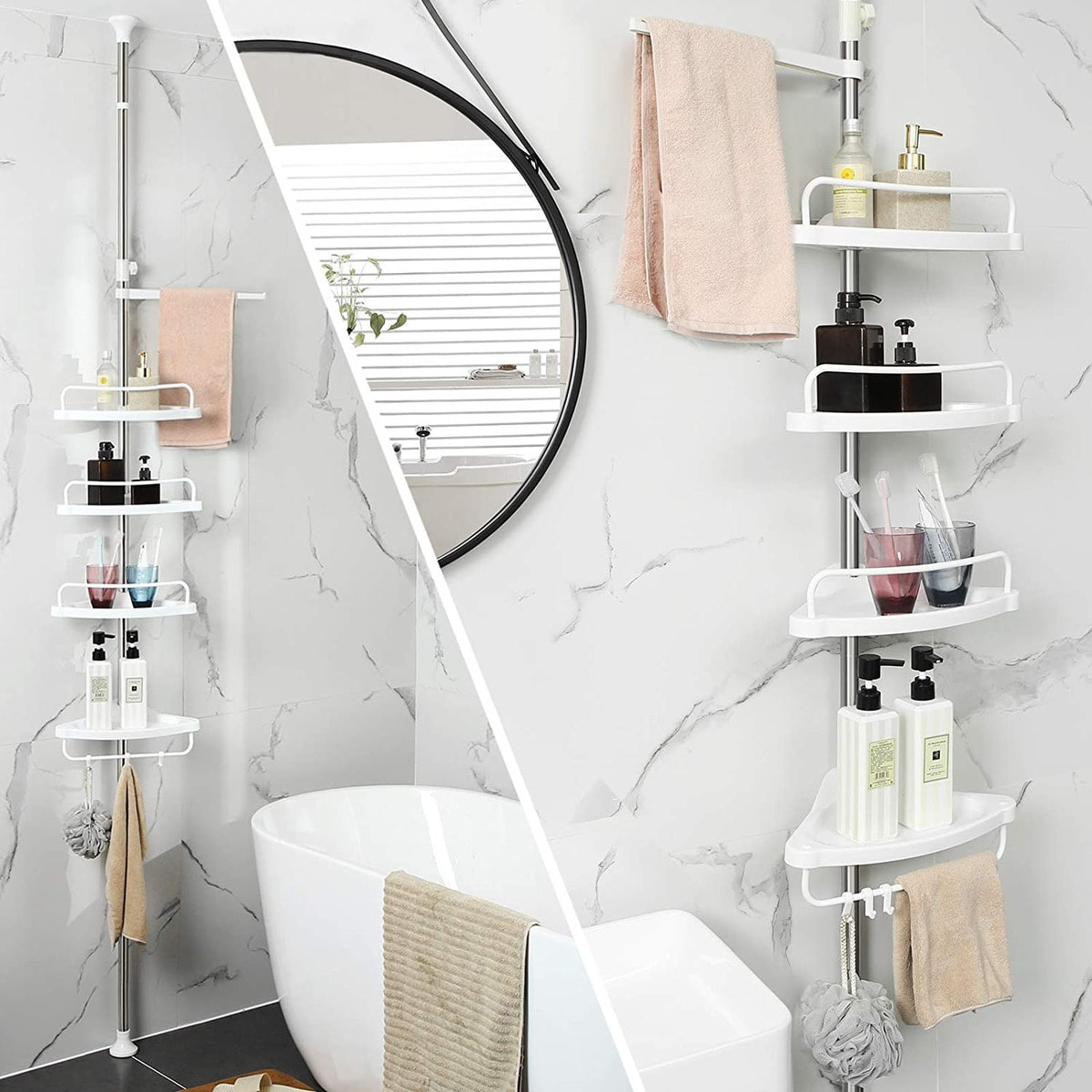 Colonna Portaoggetti Bagno Telescopica con 4 Ripiani - Bianco/Argento