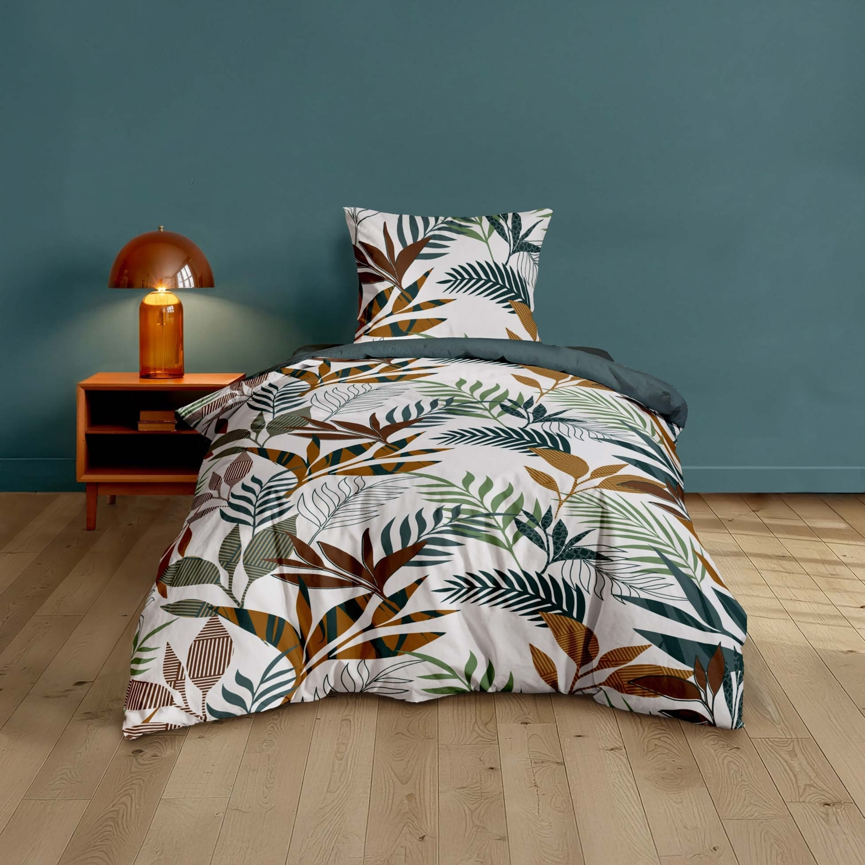 Parure de lit 2 pièces 100% coton à motifs végétaux housse + taie - Bleu