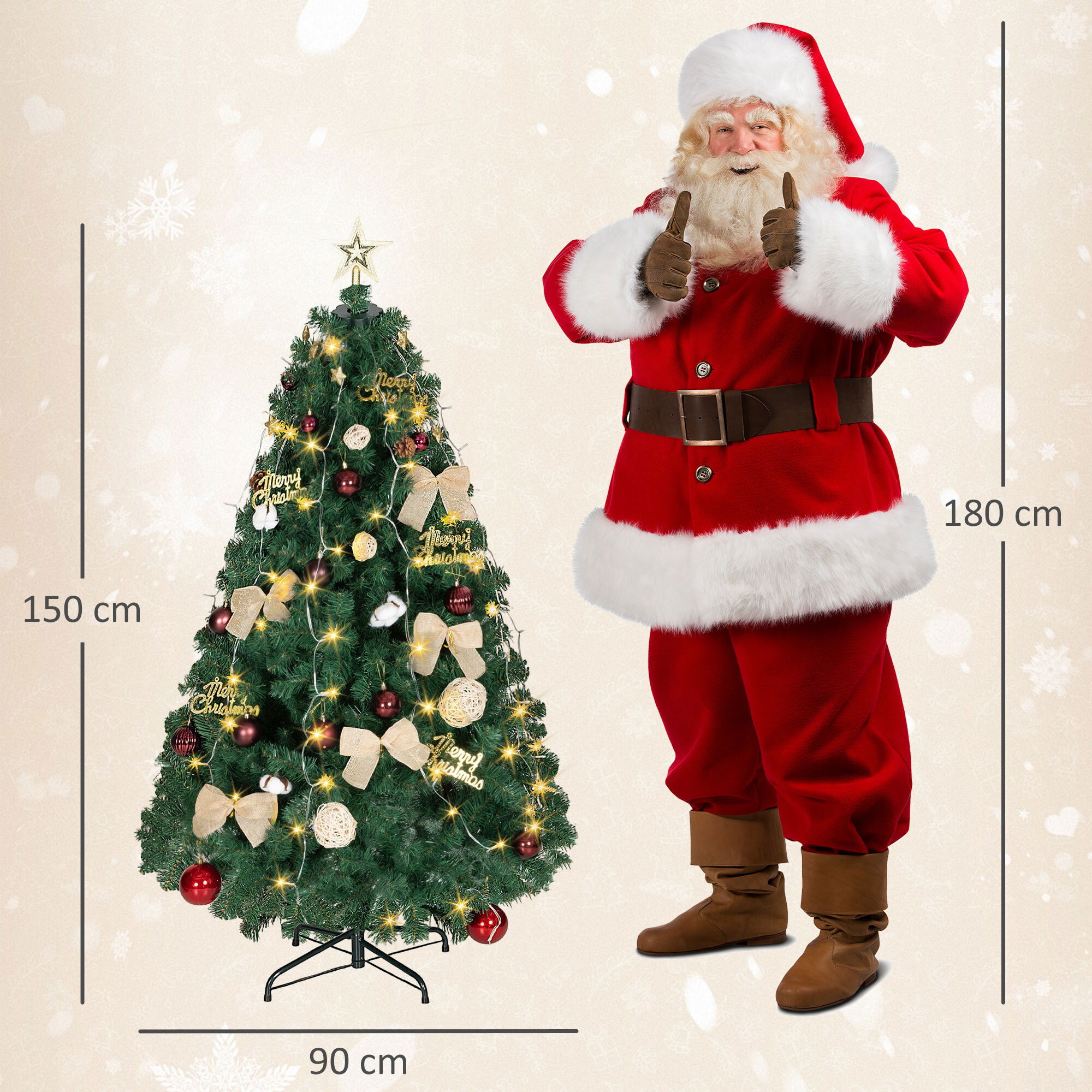 Árbol de Navidad 150 cm con Adornos, 150 Luces LED Blanco Cálido, Árbol de Navidad Decorado con 8 Modos de Iluminación, 480 Ramas, Soporte de Acero, Decoración para Hogar, Fiesta, Interior